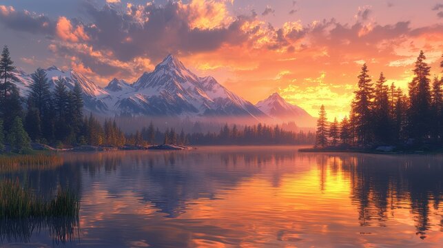 Majestic sunset over tranquil lake rocky mountains landscape photography serene nature wide angle hyper real