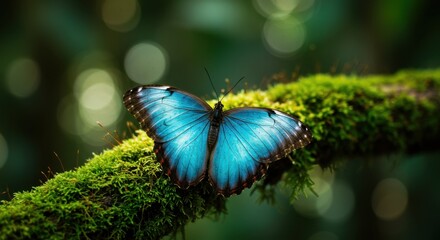 Vibrant Blue Morpho Butterfly on Mossy Branch in Lush Rainforest