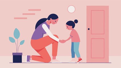 Sweet Mother's Day Moment: A Loving Mom Helps Her Daughter Tie Her Shoelaces. A heartwarming, modern flat illustration perfect for Mother's Day cards, websites, blogs, social media