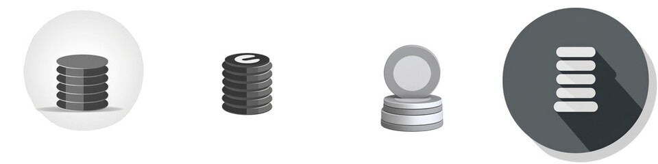 Four stacks of coins with varied styles and shadows against white background isolated on white or transparent