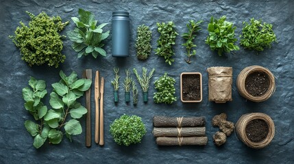 Nature's Arrangement: An artistic composition of diverse green plants and related supplies meticulously arranged on a textured surface. An artistic depiction of the wonders of nature.