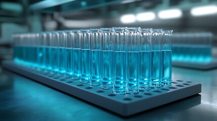 Rows of Test Tubes Filled with Bright Blue Liquid in a Modern Laboratory Setting