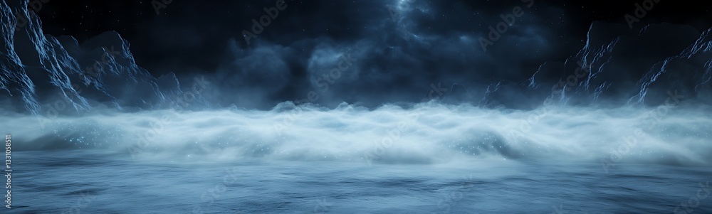 Poster mysterious waves crashing under a dark, moody sky, creating a dramatic seascape.