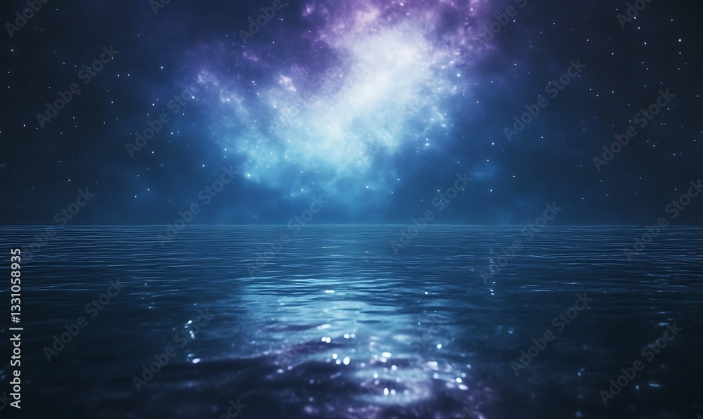 Aufkleber cosmic scene with water reflection under a starry sky and vibrant nebula.