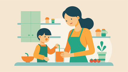 Fototapeta premium Happy Mother's Day! A heartwarming flat illustration of a loving mother and her child joyfully preparing a vibrant, healthy green smoothie together. Perfect for Mother's Day cards,