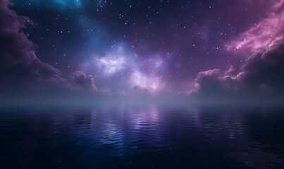 A serene night sky filled with stars and colorful clouds reflecting on calm waters.