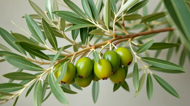  Cluster of green olives on a branch with leaves