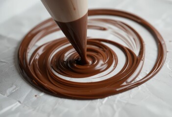 Chocolate Sauce Flowing from Piping Bag on White Surface