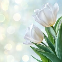 Two elegant white tulips bloom against a soft bokeh background