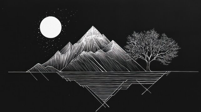 Mountain landscape under moonlight, minimalist design