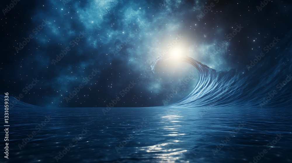 Poster cosmic waves under a starry sky, reflecting light in an ethereal ocean scene.