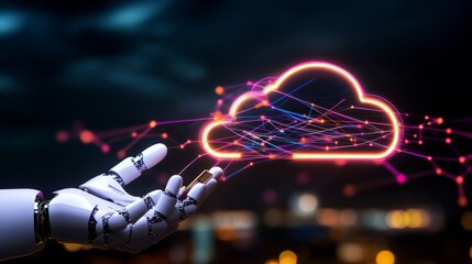A robotic hand reaching towards a glowing cloud symbol amidst a cityscape at night