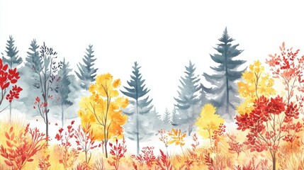 Watercolor autumn forest vector illustration with yellow and red bright foliage