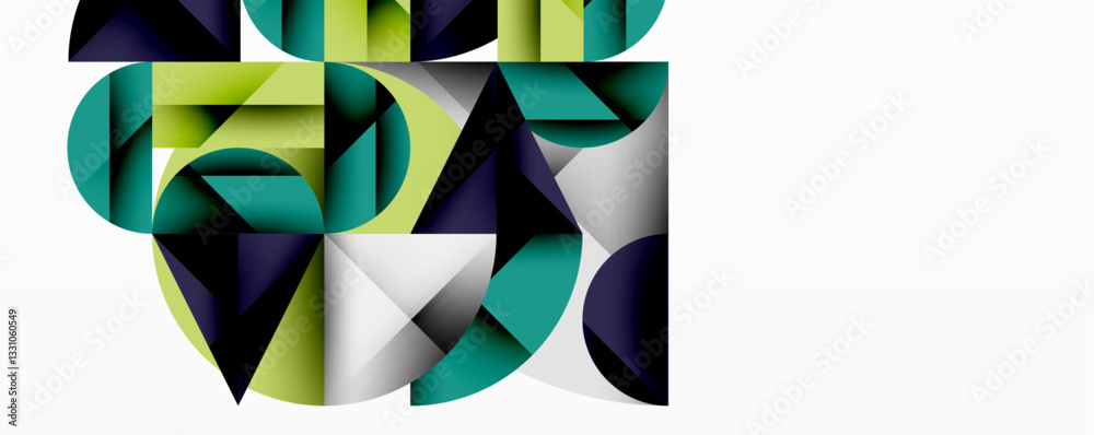 Poster Abstract geometric artwork with overlapping circles and gradients, circle square triangle shapes background featuring sharp angular cuts, smooth shading, and structured layered composition