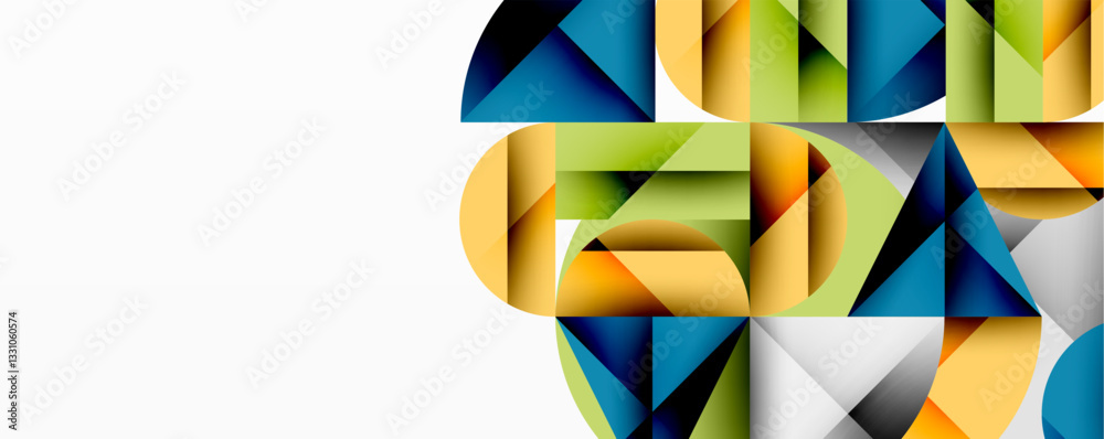 Poster Modern abstract composition with layered circles and angular segments featuring gradients, transparency effects, and a structured geometric layout