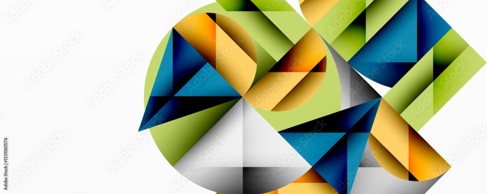 Poster Modern abstract composition with layered circles and angular segments featuring gradients, transparency effects, and a structured geometric layout