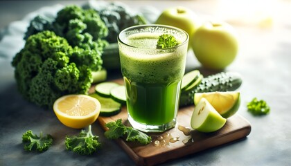 Vibrant green juice made with fresh ingredients, natural light and crisp details