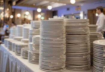 Stacks of White Dinner Plates Ready for Service in Restaurant Setting
