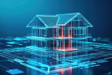 A conceptual image of floating holographic blueprints of a house, with a digital overlay of construction phases.