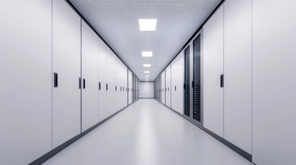 Modern, minimalist corridor in a high-tech facility with storage units and bright lighting