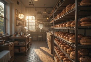 Cozy Bakery Interior with Freshly Baked Donuts on Display