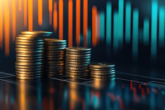 A 3D-rendered image of a financial market graph with stacks of coins symbolizing wealth accumulation.
