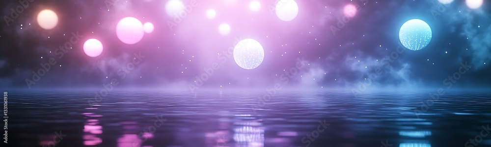 Aufkleber vibrant orbs illuminate a misty water surface, creating a dreamy and surreal atmosphere.
