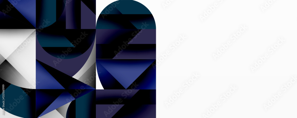Poster Modern abstract composition with layered circles and angular segments featuring gradients, transparency effects, and a structured geometric layout