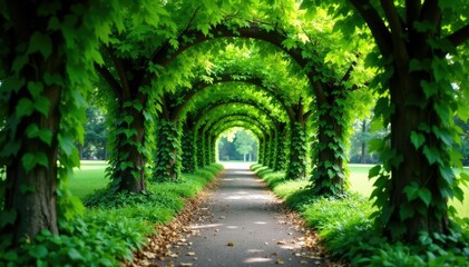 Obraz premium Mature evergreen tree row with entwined green vines, evergreen, trellis, garden feature