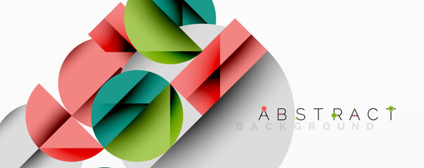 Abstract geometric design with intersecting circles, triangles, squares and sharp angles creating a layered composition with gradients, depth, and contrast