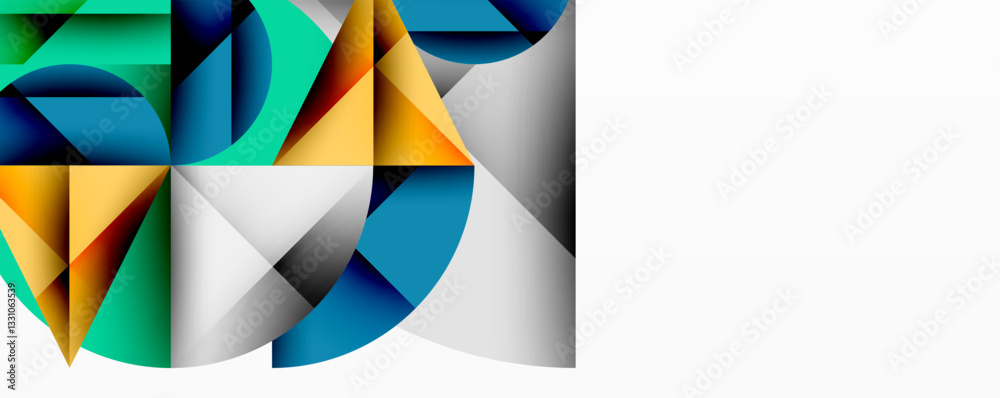 Poster Abstract geometric artwork with overlapping circles and gradients, circle square triangle shapes background featuring sharp angular cuts, smooth shading, and structured layered composition