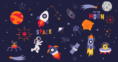 cute outer space set cosmic bundle doodle spaceship planet collection naive stellar sticker illustration design clipart © SachiDesigns