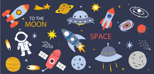 cute outer space set cosmic bundle doodle spaceship planet collection naive stellar sticker illustration design clipart