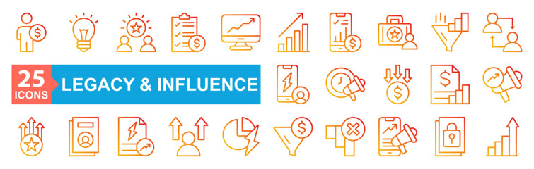 Legacy And Influence Icon Sheet Retirement, Growth, Innovation, Success, Planning, Monitor, Stats, Assessment, Career, Chart, Leadership, Technology, Short Term, Cost, Resume, Advantage, Competitive