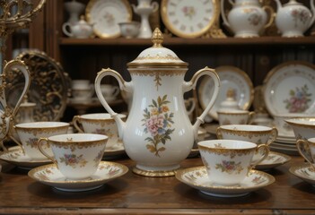 Elegant Vintage Porcelain Tea Set with Floral Designs and Gold Trim