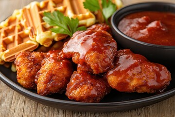 Waffle deep fried chicken delight. Plate of chicken with waffles and sauce, garnished with herbs.