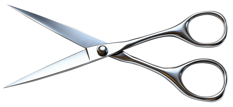 pair of shiny metal scissors with sharp blades and ergonomic handles, designed for precision cutting in various applications