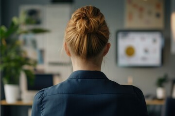 A backview of a Caucasian woman in a modern office, connecting with clients via video call.