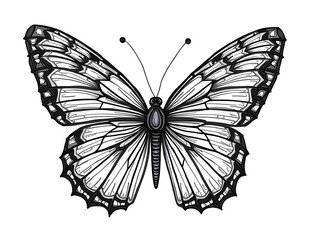 Illustration of a butterfly with its wings decorated with a modern geometric pattern, depicted in black and white to highlight the contrast and uniqueness of the design