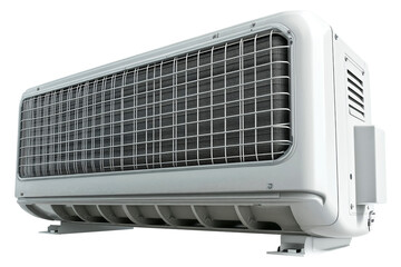 Fototapeta premium Outdoor air conditioning unit with metal grille and white casing, designed for efficient cooling. unit is mounted on base, showcasing its robust construction and modern design