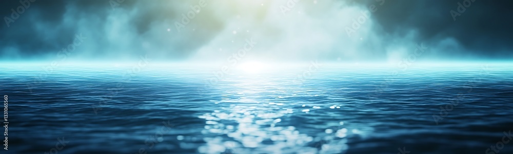 Wall mural serene ocean view with soft light reflecting on the water surface and mist in the distance.