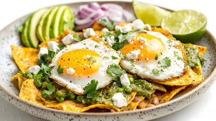 Traditional Mexican Chilaquiles with Eggs, Avocado, Onion, and Lime on a Vibrant Plate