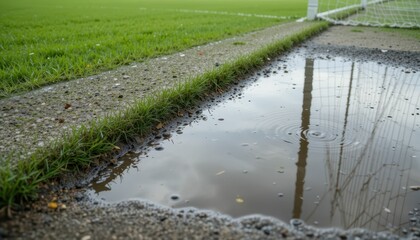 Reflections in Puddle by Soccer Goal on Green Field Edge