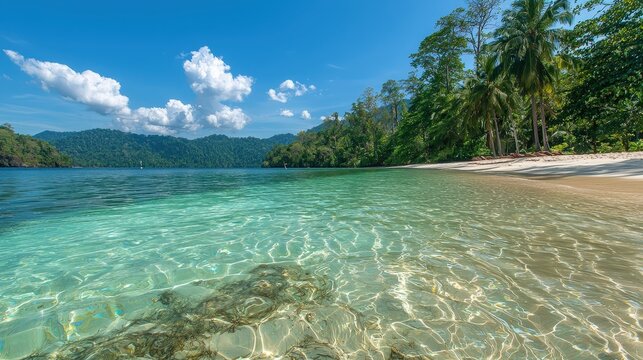 Tropical beach with crystal-clear turquoise water gently lapping against soft white sand, vibrant coral reefs visible beneath the surface, bright blue sky, paradise island vibes