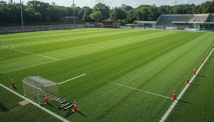 Fototapeta premium Expansive Green Football Field with Goalposts and Cones