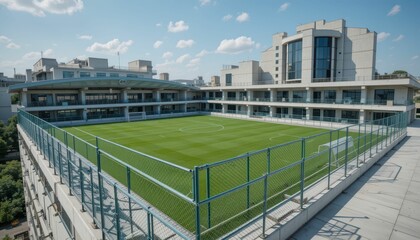 Modern Urban Soccer Field with Clear Blue Sky and Green Grass