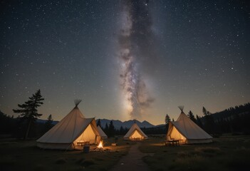 Night Sky Above Beautiful Glamping Tents Under Milky Way Beauty