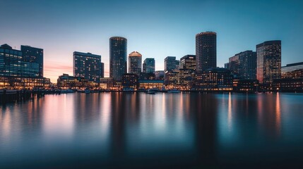 Fototapeta premium Panoramic view of a city skyline at dusk, with tall buildings and waterfront