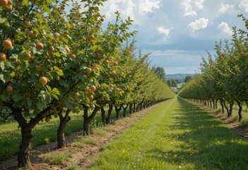 Lush Orchard Pathway with Delicate Fruit Trees Under Blue Sky