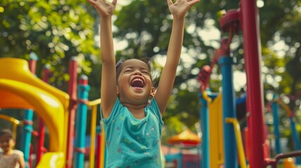 Obraz premium Visualize a child shouting with joy as they play with friends in a park. 